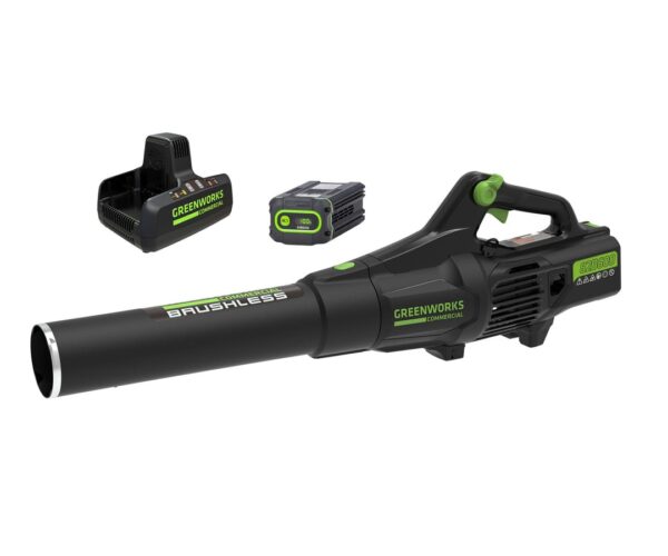 Greenworks Commercial 82V Axial Leaf Blower 82B600 Kit with 2aH Battery and Dual Port Charger