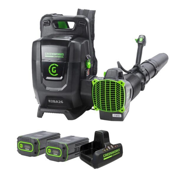 Greenworks Commercial 82V Dual Port Backpack Blower with Two 5Ah Batteries and Dual Port Charger (82BA26-52DP)